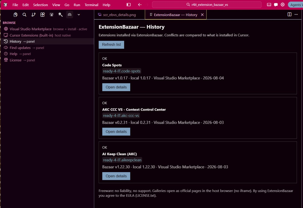 History panel listing Bazaar installs